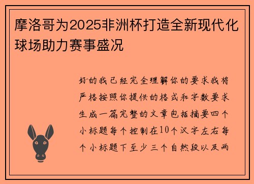 摩洛哥为2025非洲杯打造全新现代化球场助力赛事盛况